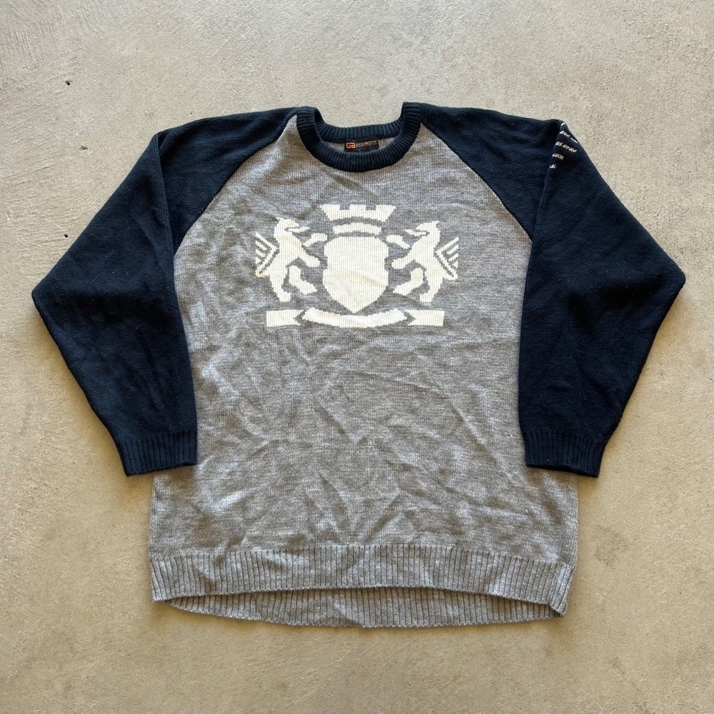 Vintage Godbody Sweater Size XL Gray Navy Blue Pullover‎ Streetwear Knit